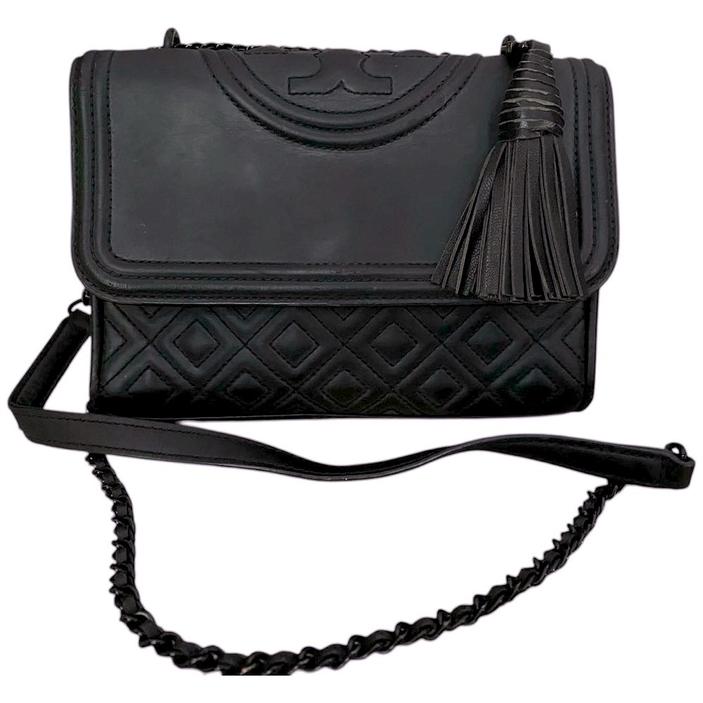Tory Burch Black Quilted Leather Shoulder Bag with Tassel